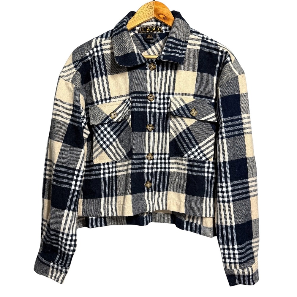 Plaid Flannel Shacket Crop Jacket Blue Beige
Large Button Front Casual Cabincore